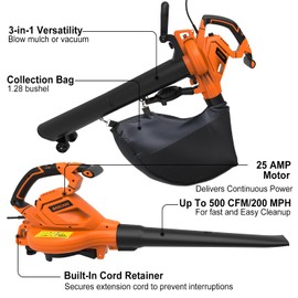 GARCARE 3-in-1 Electric Leaf Blower Leaf Vacuum and Mulcher 500 CFM 200 MPH