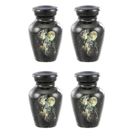 Forever URNS Mini Cremation Funeral Urn with Classic 3 Wolfes Pictured Theme for Human Ashes of Female & Male | 3 cu in | Set of 4 | Small | Multicolor | Handcrafted with Velvet Protection Box