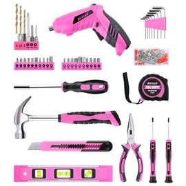 DIFFLIFE Pink Tool Set for Women, 126-Piece Lady's Power Screwdriver Cordless Rechargeable Set Home Repairing Tool Set with 13-Inch Wide Mouth Open Storage 126PCS 3.6V Electric Screwdriver Tool Bag