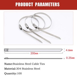 100 PCS SS304 Stainless Steel Tie,Metal Cable Ties with Rolling Self Locking,Steel Locking Ties 4.6 * 200mm