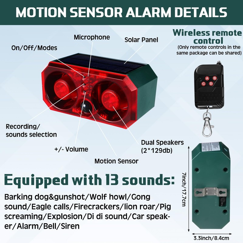 Qualirey 2 Pcs Solar Outdoor Motion Sensor Alarm with Stake