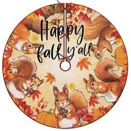 Fzbali Happy Fall Y'all Squirrel Christmas Tree Skirt 48 Inches Lace-up Maple Leaves Pumpkin Tree Skirt, Autumn Holiday Party Indoor Decoration Seasonal Home Decor