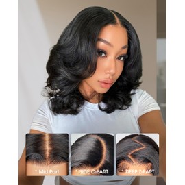 tunfine Layered Cut Curtain Bangs Face-Framing Bob Wig Human Hair 9x6 Glueless Wigs Pre Plucked Pre Cut HD Lace 200 Density Loose Body Wave Ready to Wear Wigs Glueless Human Hair for Women 12 Inch