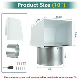10 Inch Dryer Vent Cover with Screen and Damper,Outdoor Wall Exhaust Vent Cover,Hooded Wall Vent for Kitchen, Range Hood, Dryer Ventilation (White)