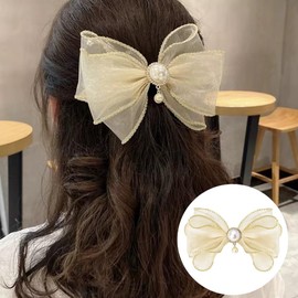 Bow Hair Clips Pin for Women Bowknot Hair Barrettes with Pearl Elegant French Hair Clip Bows for Women Strong Hold Fashion Bow Hair Accessories Decorations for Teen Girls Hairpin Hairclip Champagne
