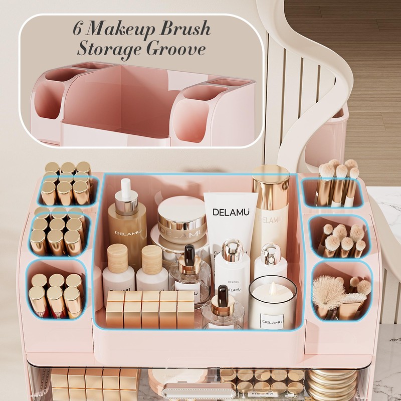Delamu Makeup Organizer Countertop with 6 Brush Holder, Bathroom Countertop