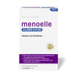 menoelle® Flora intim: Milchsäurebakterien, Lactobazillen, 4 Stämme 15 Mrd. KBE + Biotin. Probiotics. Gegen vaginale Infektionen: bei bakterieller Vaginose, Scheidenpilz, Ausfluss, Geruch. 14 Kapseln