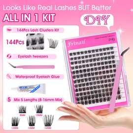 Frinail DIY Lash Clusters Kit Fluffy Cluster Eyelash Extensions,144Pcs 10-16mm Individual Lashes,DIY Lash Extension Soft Comfortable Fake Eyelash Clusters with Lash Applicator and Glue