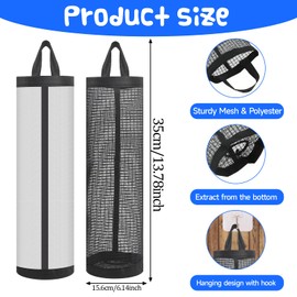 2Pcs Plastic Bag Holder Nylon Mesh Grocery Bag Holder Hanging Storage Bag Dispenser Reusable Trash Bag Organizer for Home & Kitchen,Black