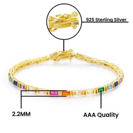 AFFY 14k Yellow Gold Plated 925 Sterling Silver Colourful Bar Setting Rainbow Baguette Sparkling Multi Color Sapphire Gemstone Tennis Bracelet, Jewelry for womens - 7.25" L
