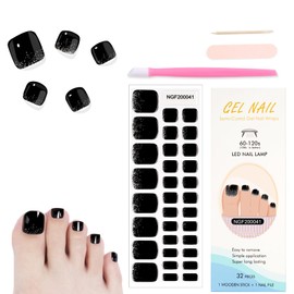 WOKOTO Semi Cured Gel Nail Strips For Toenails, 16 Size 32 Tips Black Glitter design Toe Nail Polish Strips With Nail File & Wooden Stick, Works With Lamps, Salon-Quality, Long Lasting, Easy To Use