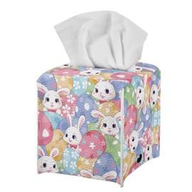 Eheartsgir Colorful Rabbit Eggs Pu Leather Square Tissue Box Cover Bathroom Bedroom Night Stand Accessories Modern Facial Paper Holder Organizer with Bottom Strap for Easter Decor