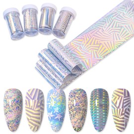 SILPECWEE 4 Boxes Aurora Nail Foil Laser Nail Stickers Holographic Nail Transfer Foil Starry Sky Nail Art Foil Nail Film Manicure Design for DIY Nails Art Decoration