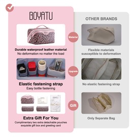 BOYATU Travel Makeup Bag for Women: 3 Pcs Set Portable Make up Bags with Handle - Leopard Print Cosmetic Bags with Comparments - Waterproof Vegan Leather Toiletry Bag (03-Pink)