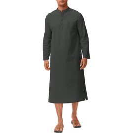 LVCBL Men's Kafta Neck Long Sleeve Kaftan Men's Long Button High Thobe Men's Side Split, gray