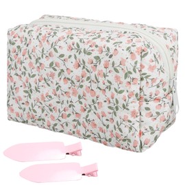Cosmetic Bag Flowers, Floral Pattern Toiletry Bag, Portable Makeup Bag, Make Up Bag, Made of Soft Cotton Material, Zip for Holding Various Make-Up Utensils, with 2 Hair Pins (Pink), 100% Brand New