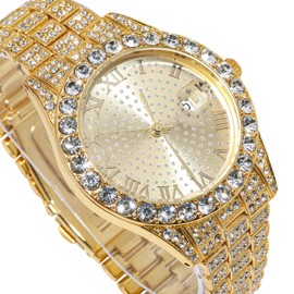 Halukakah Diamond Gold Watch Iced Out, Men's 18 Carat Real Gold/Platinum White Gold Plated Quartz Bracelet 24 cm Round Dial, with Tennis Chains Necklace Bracelet Set Options, Comes with Gift Box,