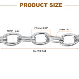 sourcing map 9.8Feet Aluminum Link Chain, Link Cable Chain Double Oval Plated Chain Bulk Craft Making Chain Roll for DIY, 23x16x2.5mm, Silver