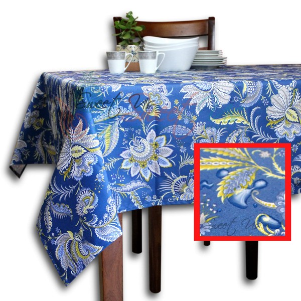 Wipeable Tablecloth Spill Resistant Acrylic Coated Floral Cotton French Provencal Tablecloth for Rectangle Tables 60x78 inches Mystique Florale Yellow, Blue Ash