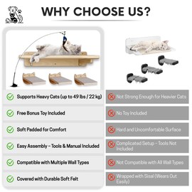 Snuggle & Play Cat Wall Shelves & Climbing System – Modern Furniture Set with 3 Steps & Perch for Indoor Cats, Includes Wand Toy