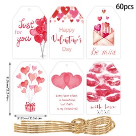 Fyeoxle 60 Pack Valentine’s Day Hanging Tags Valentine’s Day Paper Tags I Love You Tags with 40ft Cotton Strings for Valentine’s Day Theme Hanging Party Candy Bag Gift Label Wrap Supplies (Red 1)