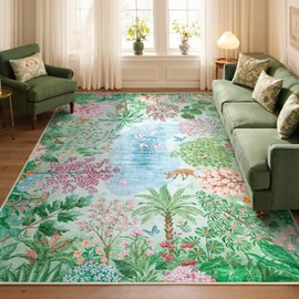 Lahome Spring Jungle Rug, Green Bedroom Rug 8x10 Under Bed, Large Washable Rugs 8x10 for Living Room, Spring Botanical Kids Playroom Rug Non Slip Non Shedding Floor Carpet for Office Dining Room Decor