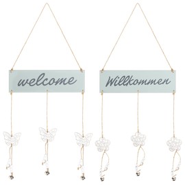com-four® 2 x Door Tags Welcome and Welcome with Hanging Flowers and Butterflies - Wooden Door Signs - Hangers for Spring Time, Easter and Summer (Pack of 02 - Mint)