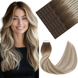 VINBAO Tape in Hair Extensions Human Hair Blonde Balayage Dark Roots Color 3-8-22 Brown and Blonde Highlights Remy Hair Tape in Extensions 20 Pieces 50 Grams(14inch, #3/8/22)