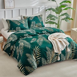 Tokokimo Double Duvet Cover Set Emerald Green Bedding - Golden Tropical Leaves Print Double Duvet Set (1x Quilt Cover, 2x Pillowcases) Green Bedding 200x200 cm, Tropical Leaf