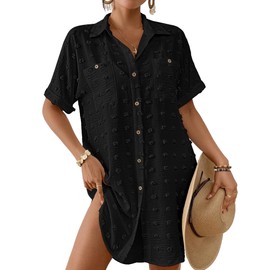 Bsubseach Swimsuit Coverup for Women Swiss Dot Bathing Suit Swimwear Button Down Beach Shirt Cover Up Resort Wear Black L