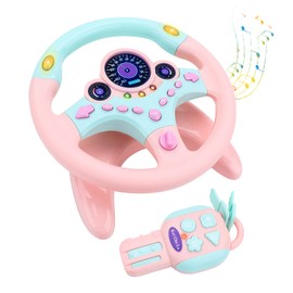 deAO Kids Steering Wheel for Backseat with Key Baby Toys Pretend Driving Simulated Steering Wheel Toy with Light and Music Gifts for Kids Toddlers (Pink)