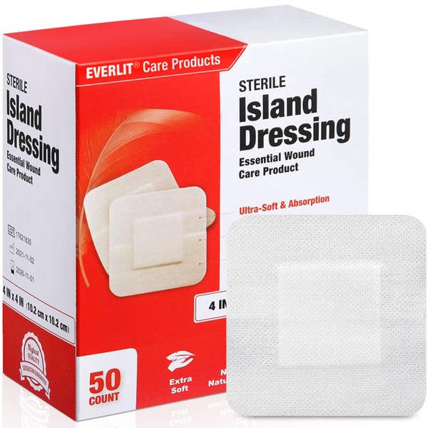 EVERLIT Island Dressing Bordered Gauze | Large Wound Care Bandage with Adhesive Border| Sterile, Soft & Highly Absorbent Medical Grade Dressing Pad (4x4 Inch (Pack of 50))