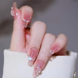 Nail Tip, Long Nail Tip, 24 Pieces, Glitter, Glossy, 3D, Korea, Popular, Stylish, Gel Nails, Nail Seal, Cute, Long, Bride Nail, Handmade Nail Tip, Double-Sided Tape, Butterfly, 3D Nail Clip, Wedding,