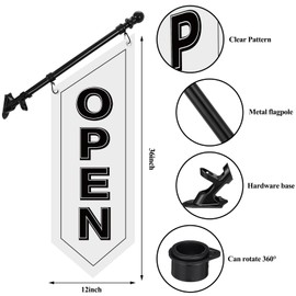 Jetec 2 Pack Open Flags with Pole Kit Heavy Duty Canvas Open Banner for Business Storefront 36 x 12 Inches Double Sided Sign with Bracket for Business Advertising Outdoor Opening Retail Shops(White)