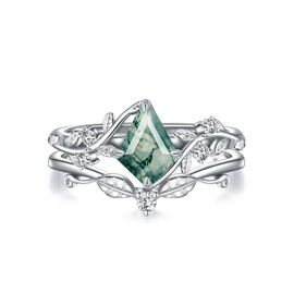 Luyona Natural Moss Agate Ring for Women 925 Sterling Silver Pear/Oval/Kite Cut Green Leaf Moss Agate Engagement Ring Promise Bridal Ring Set Anniversary Birthday Jewelry Gift, Size 5, Agate