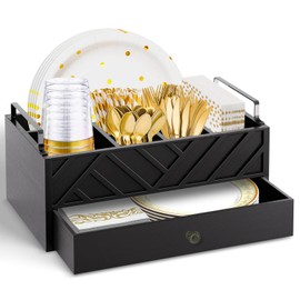 Paper Plate Dispenser with Drawer for Kitchen Countertop, Wooden Paper Plate Holder with Large Cup Holder, Rustic Wood Silverware Caddy Holder for Cutlery, Paper Plate Organizer (Black with engraving)