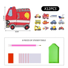 12 Pieces of Cartoon Vehicle Stickers and 8 Pieces of Sticker Tools, DIY Sticker Set, Waterproof Stickers, Children's Toys, Creative Puzzle Games, Interesting DIY Stickers