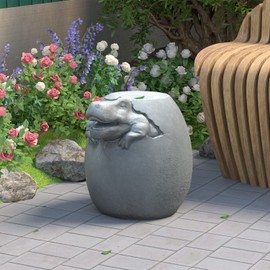 COSIEST Dinosaur Sculpture End Table, 14.6x16.9 inch Concrete Finish Side Table, Round Accent Table for Garden Yard Patio, Light Gray