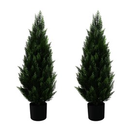 3FT Artificial Topiary Tree Realistic Faux Cedar Pines Christmas Trees UV Rated Fake Shrubs for Front Porch Faux Plants Indoor and Outdoor Decor (2 Pack)