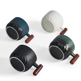 CLASGLAZ 6oz Ceramic Espresso Cups with Wooden Handle, Small Coffee Cups for Latte Cappuccino, Tea Cups Set of 4