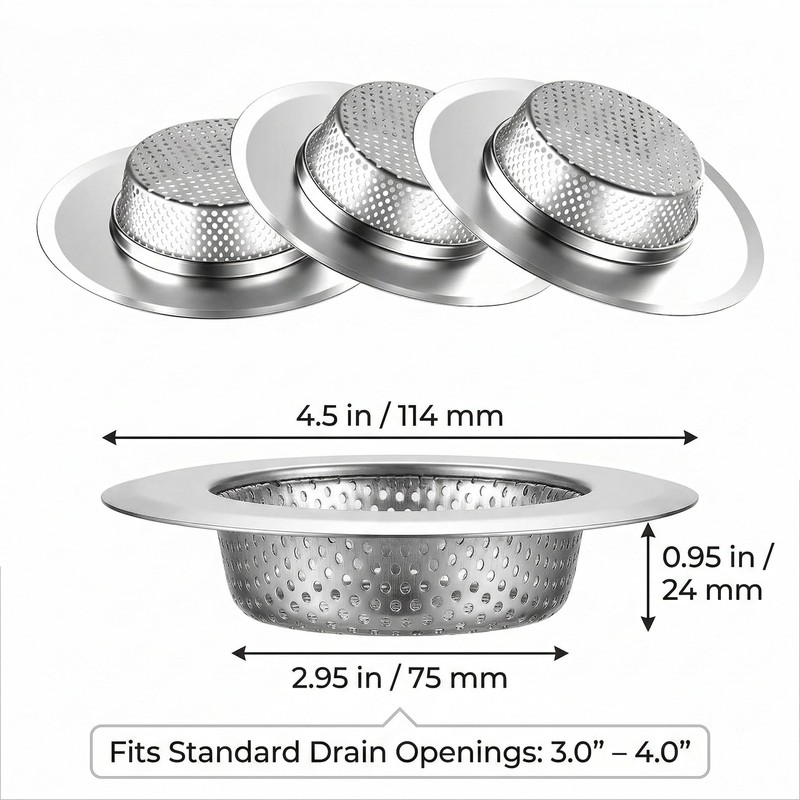 Helect 3-Pack Kitchen Sink Strainer, Stainless Steel Drain Filter with