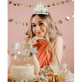 Wecoe Birthday Princess Crown with Combs Birthday Green Rhinestone Tiara Headband Happy Birthday Party Favors Decorations 16th 18th 21st 25th Birthday Gifts for Her