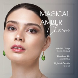 Green Earrings for Women - Lightweight Edgy Semi-Precious Stone Jewelry for Ladies, Gold Plated Silver Leaf Fitting and Leverback Closure, Caribbean Green Amber Dangle Women's Earrings