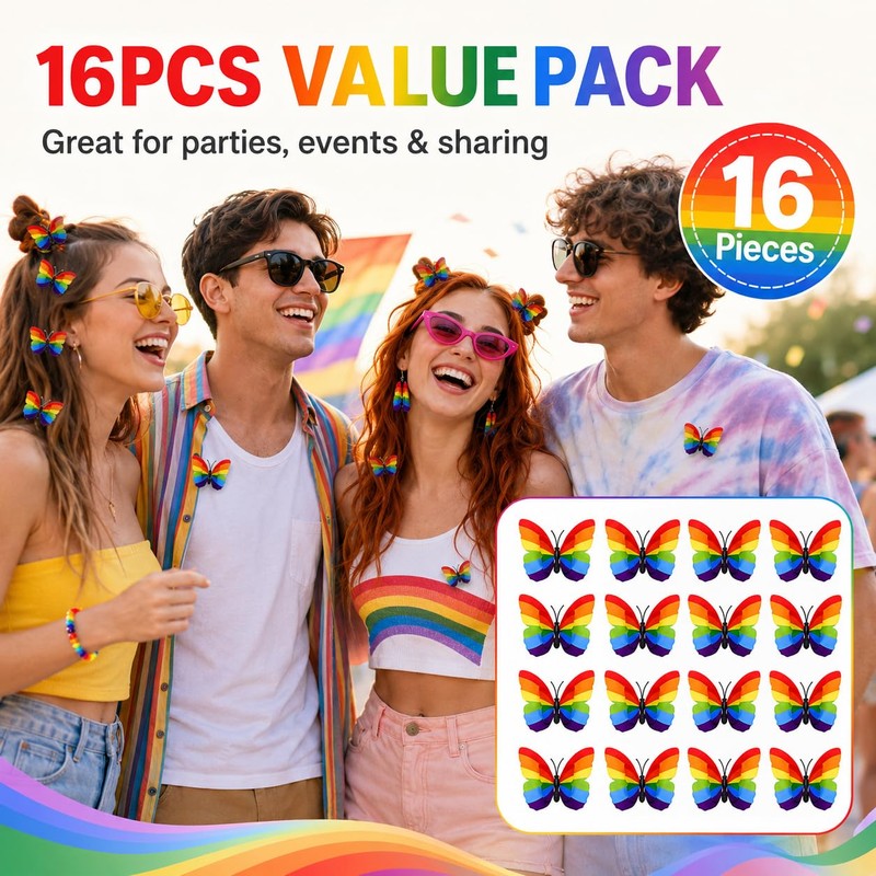 16 Pcs Rainbow Butterfly Hair Clips, Gay Pride 3D Hair