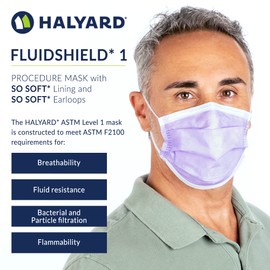 HALYARD HALYARD FLUIDSHIELD 1 Disposable Procedure Mask w/SO SOFT Lining and SO SOFT Earloops, Lavender, 25868 (Box of 50)