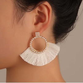 Inateannal Pearl Circle Hoop Earrings Fan Shape Tassel Drop Earrings Large Hollow Circle Dangle Earrings Vintage Statement Tassel Earrings Jewellery for Women Girls (Red), Zinc, No Gemstone