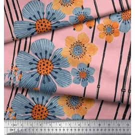 Soimoi Orange Cotton Voile Fabric Leaves,Stripe & Floral Print Fabric by The Yard 56 Inch Wide