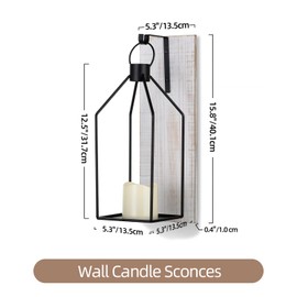 Staymoment Candle Sconces Wall Decor: Set of 2 Farmhouse Wood Candle Holder Indoor Black Metal Lantern Rustic Decorations for Living Room Front Porch Yard