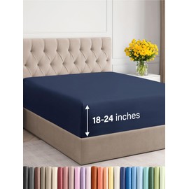 Extra Deep Cal King Fitted Sheet - Hotel Luxury Single Fitted Sheet Only - Easily Fits 18 inch to 24 inch Mattress - Ultra Soft, Wrinkle Free with Extra Deep Pockets - Breathable & Comfy - Navy Blue