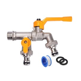 Outdoor Double Outlet Faucet, 1/2 Inch Male Inlet NPT Thread,Wall Mounted Garden Water Faucet with Two 3/4 inch Brass Ball Valves Water Tap Splitter for Outdoor,Garden,Balcony, Hose Connector (Silver)